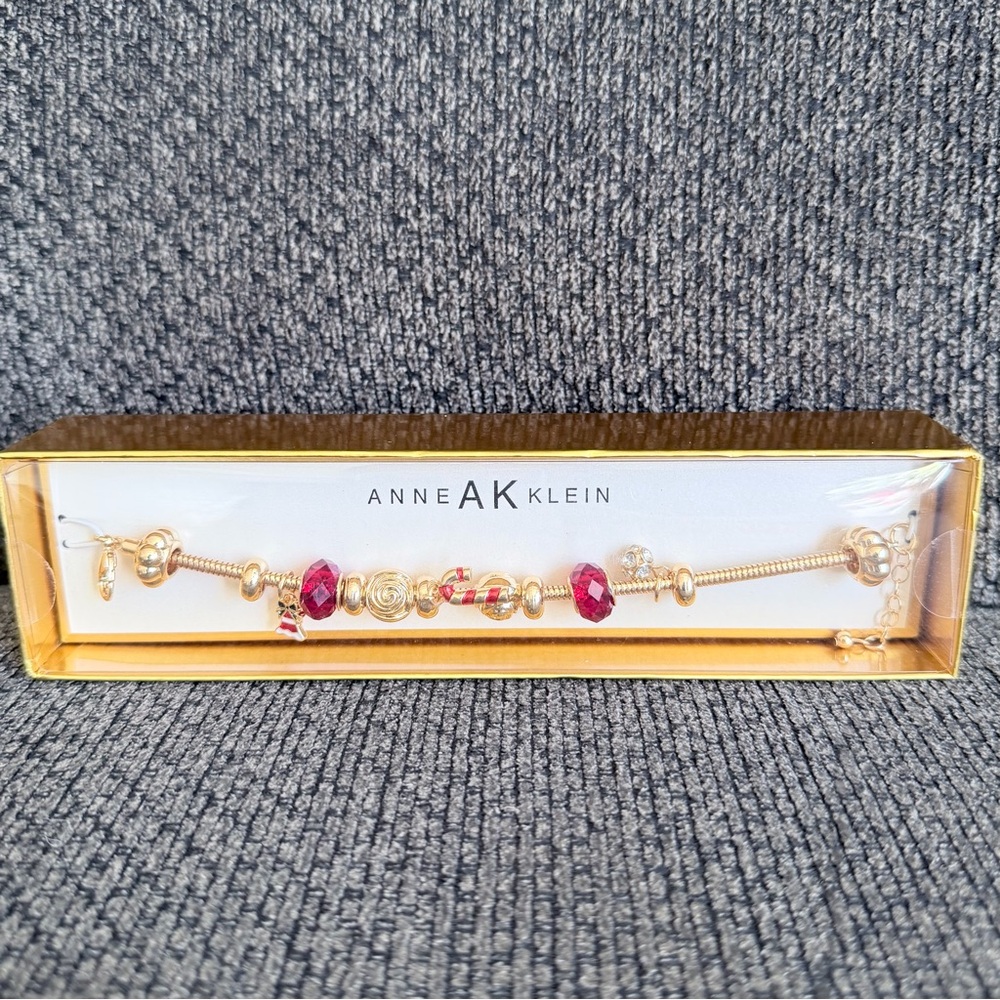 Anne Klein Gold and Burgundy Beaded Bracelet Santa hat and Candy cane